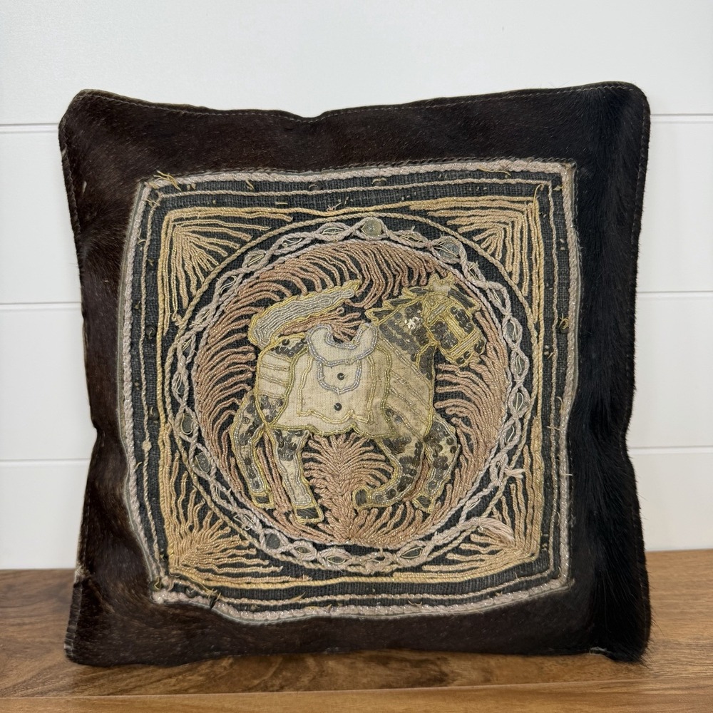 VTG Burmese Kalaga Tapestry Throw Pillow Embroidery Sequins Horse Fur Leather